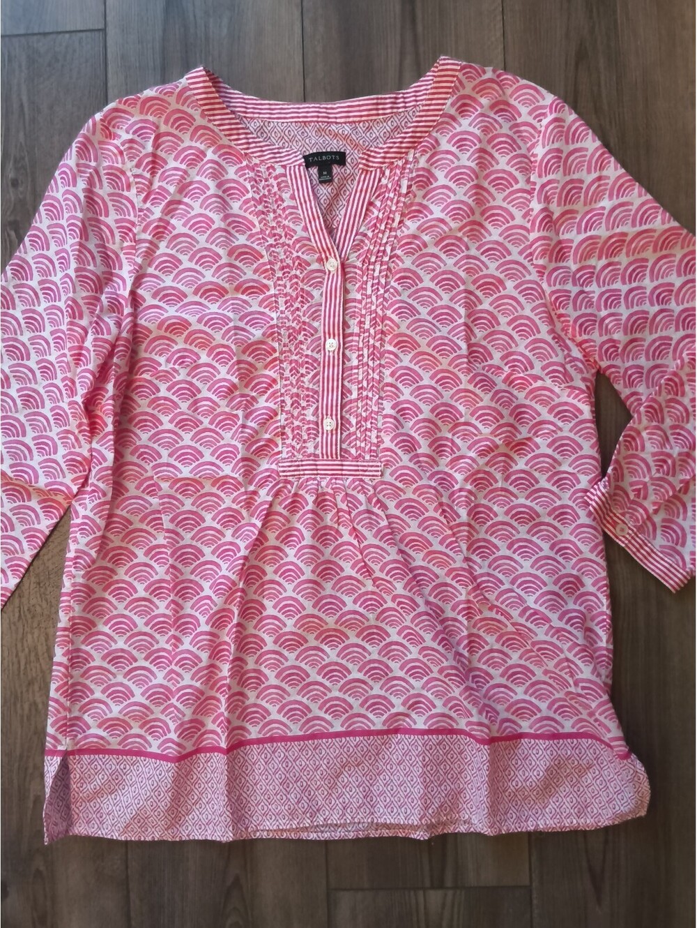 Talbots Pink Pintuck Popover Whimsical Tunic Cotton 3/4 Sleeve Geometric Fan M